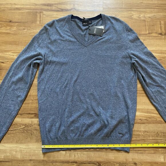 NWT HUGO BOSS Black Label Mens L Blue Slim Fit V-Neck Knit Sweater Jumper Preppy - Picture 13 of 16